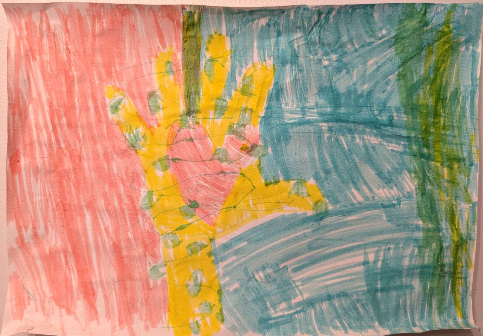 A colourful watercolour painting of a yellow handprint against pink and teal backgrounds
