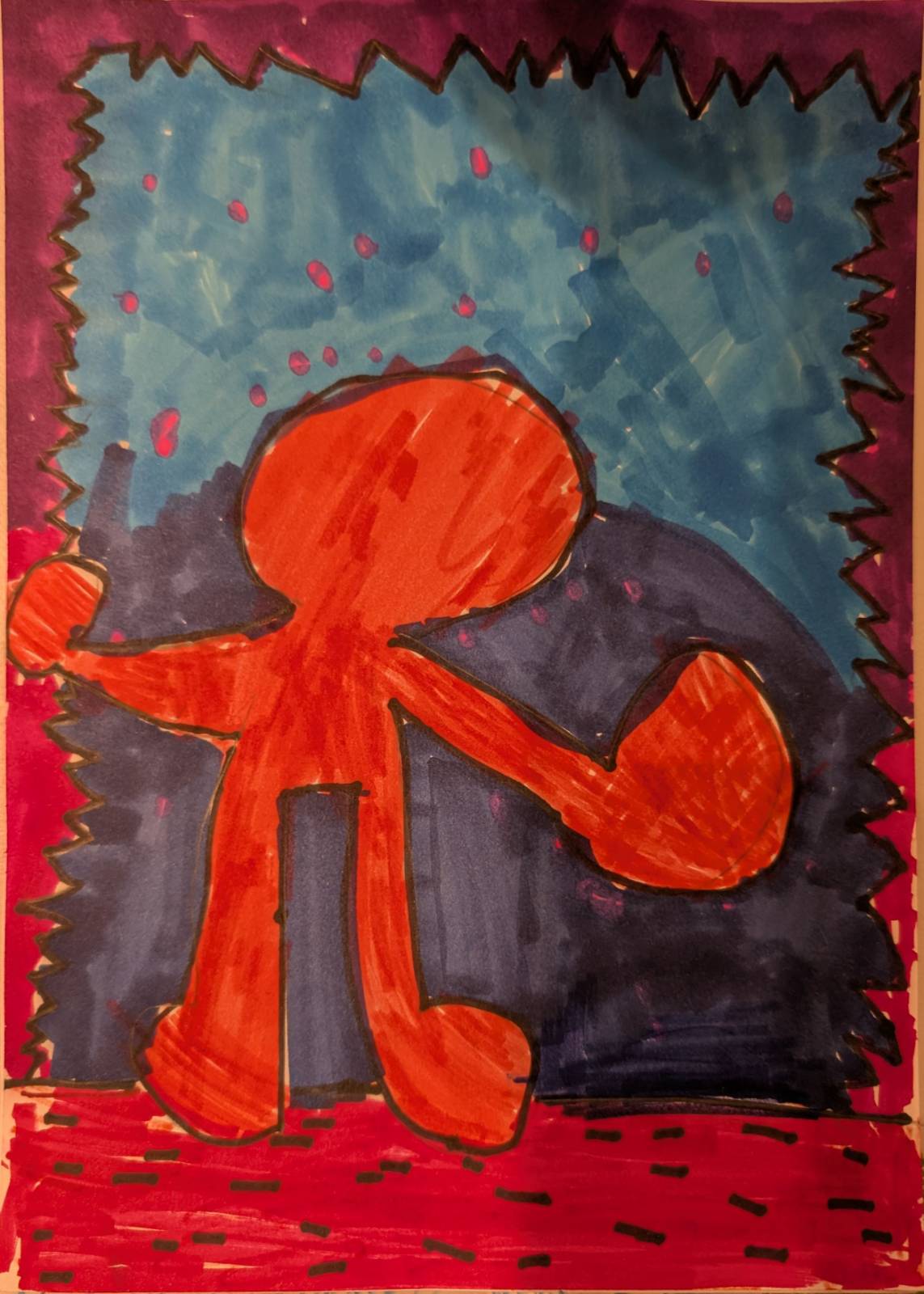 A bold orange figure dancing against a purple and blue background