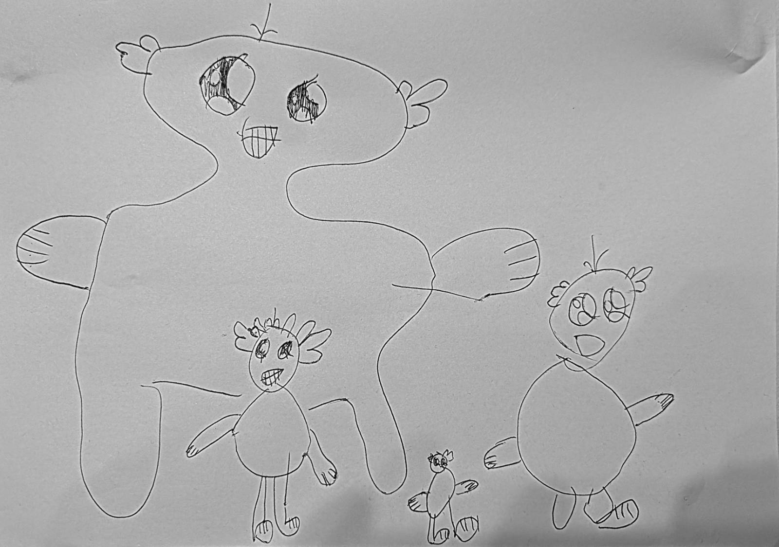 Pen drawings of a family of axolotls in various sizes